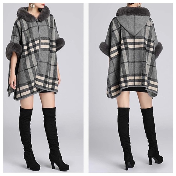 24 Boho Fabulous Plaid Fur Trim Hooded Oversized Cozy Jacket Poncho - Picture 1 of 6